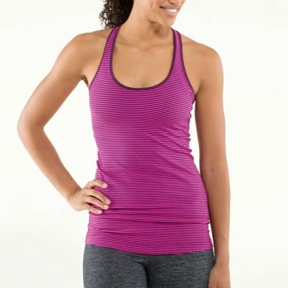 Lululemon Cool Racerback Tank Women 4 Pink Purple Striped Scoop Neck Slim Fit